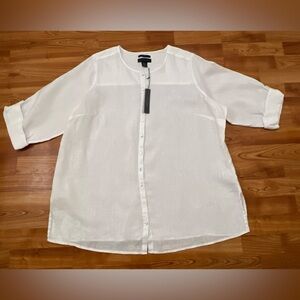 Tahari 100% Linen White Button Up Tunic Top 2X NWT Long Sleeve